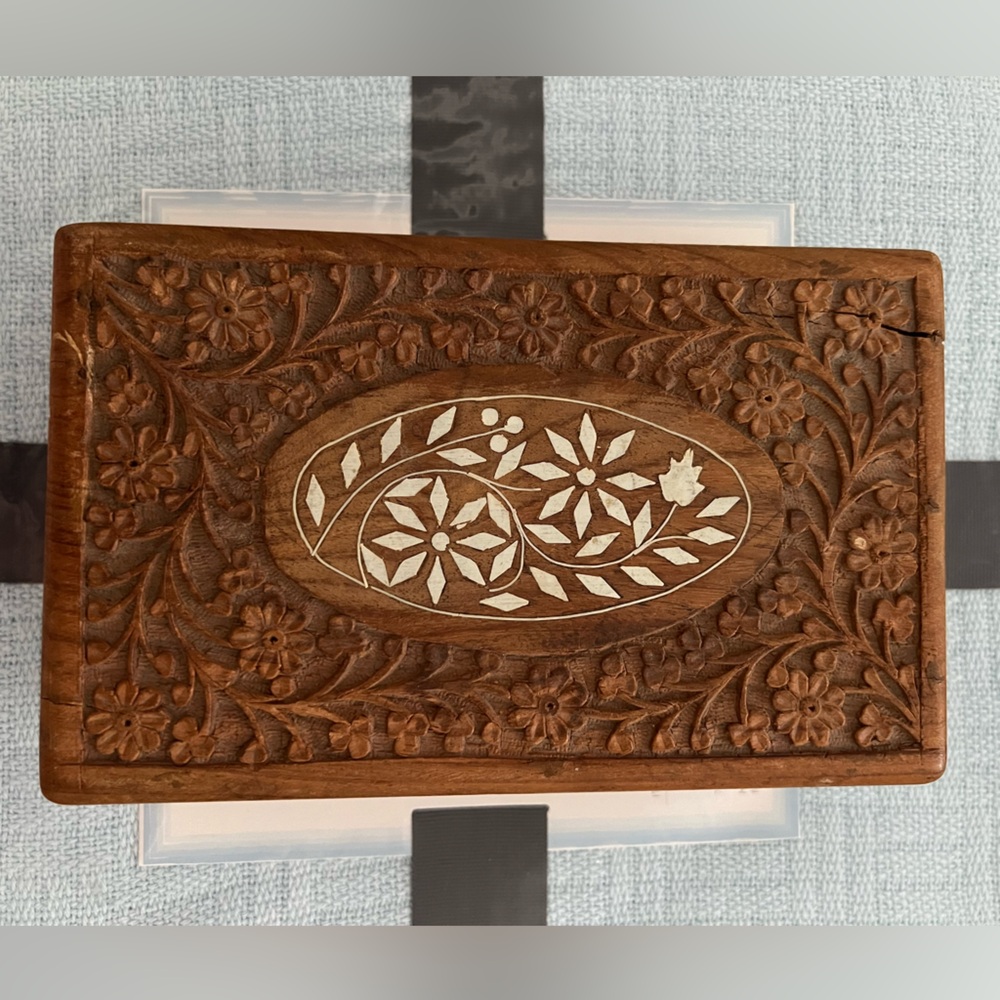 Vintage Floral Carved Wooden Box with Inlay